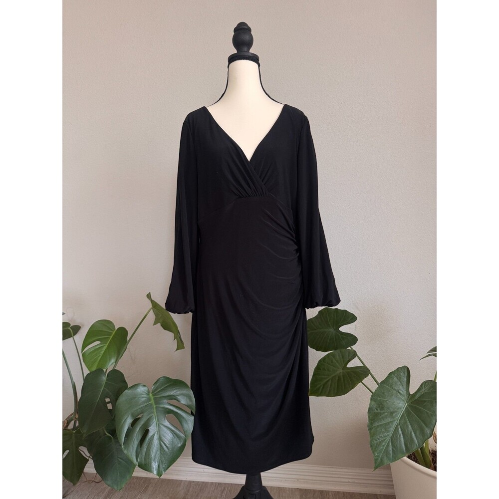 Lauren Ralph Lauren Black Faux-Wrap Dress with Slit Bishop Sleeves Size 14